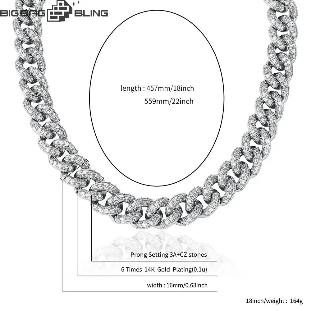 16mm Iced out 18k Gold Plated Cuban Chain in White Gold BigBagBling