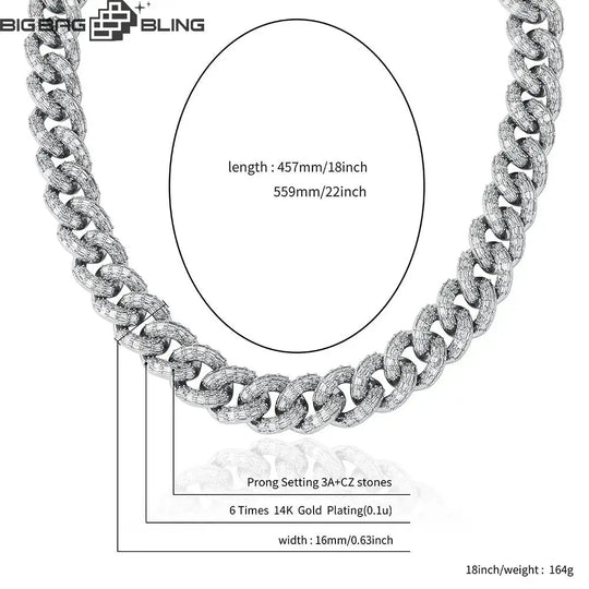 16mm Iced out 18k Gold Plated Cuban Chain in White Gold BigBagBling