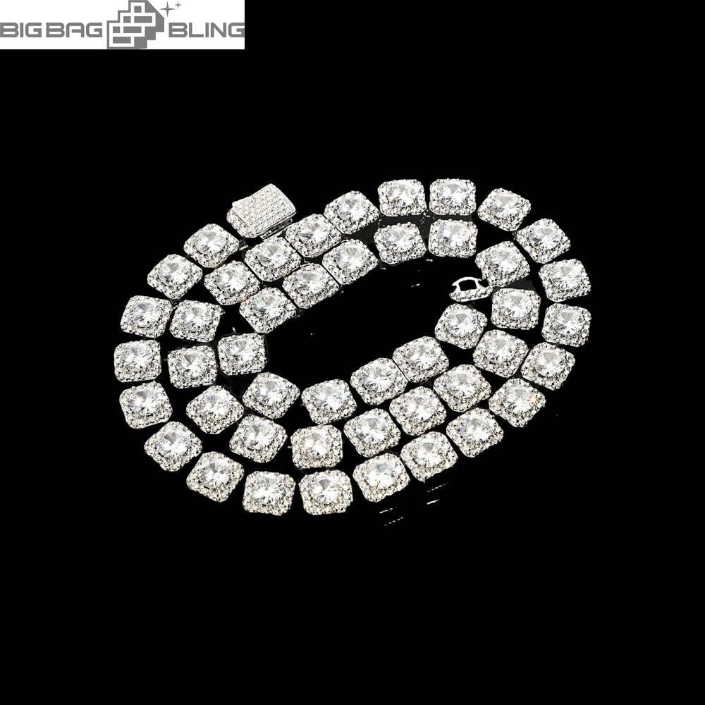 9mm iced-out square tennis chain in white gold with Moissanite stones, perfect for hip-hop jewelry enthusiasts.