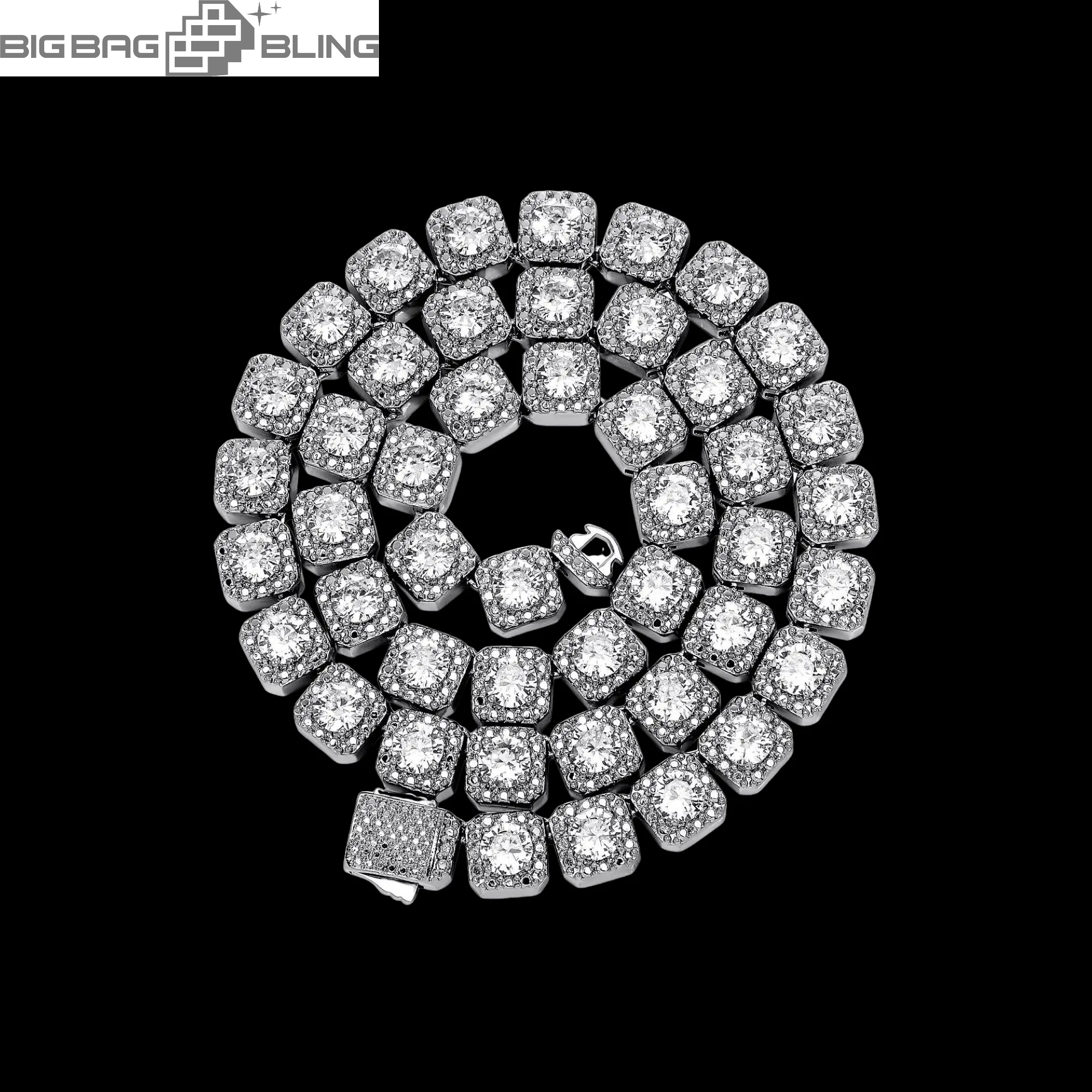 9mm iced out white gold square tennis chain featuring Moissanite stones in a stunning design.