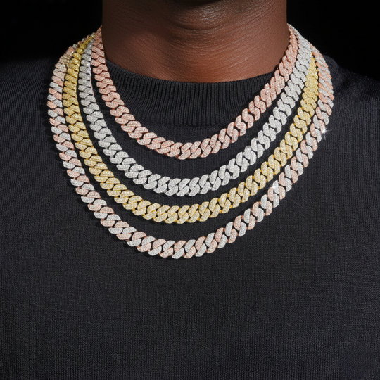 10mm S925 Silver Moissanite  3-Row Rhombus Cuban chains with Raised Triple Stones