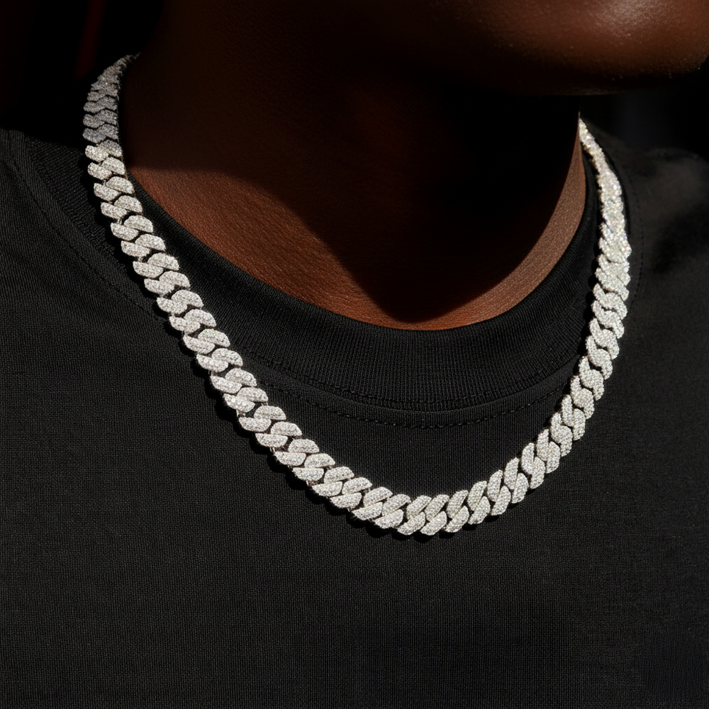 10mm S925 Silver Moissanite  3-Row Rhombus Cuban chains with Raised Triple Stones