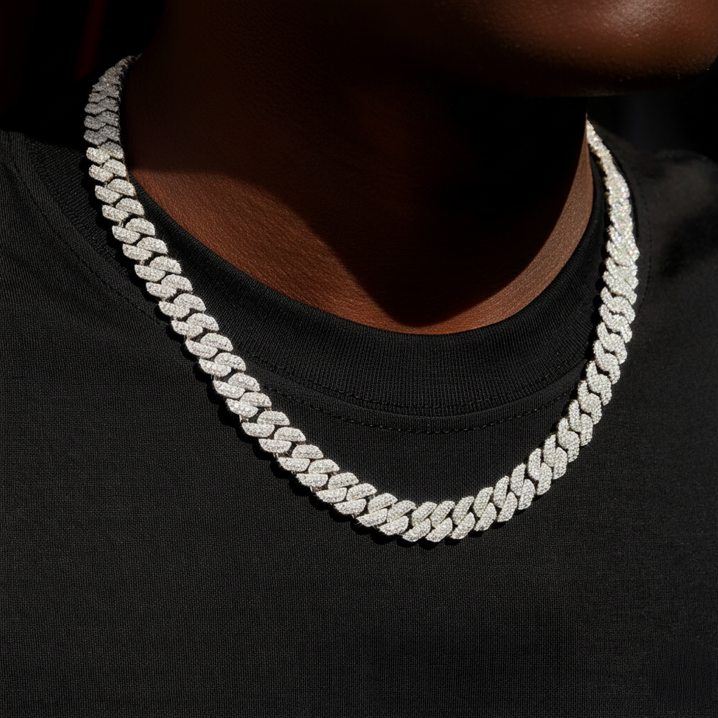 10mm S925 Silver Moissanite  3-Row Rhombus Cuban chains with Raised Triple Stones