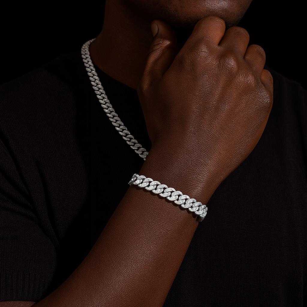 Bracelet cubain et chaînes en argent 925, 8 mm, 2 rangs, moissanite