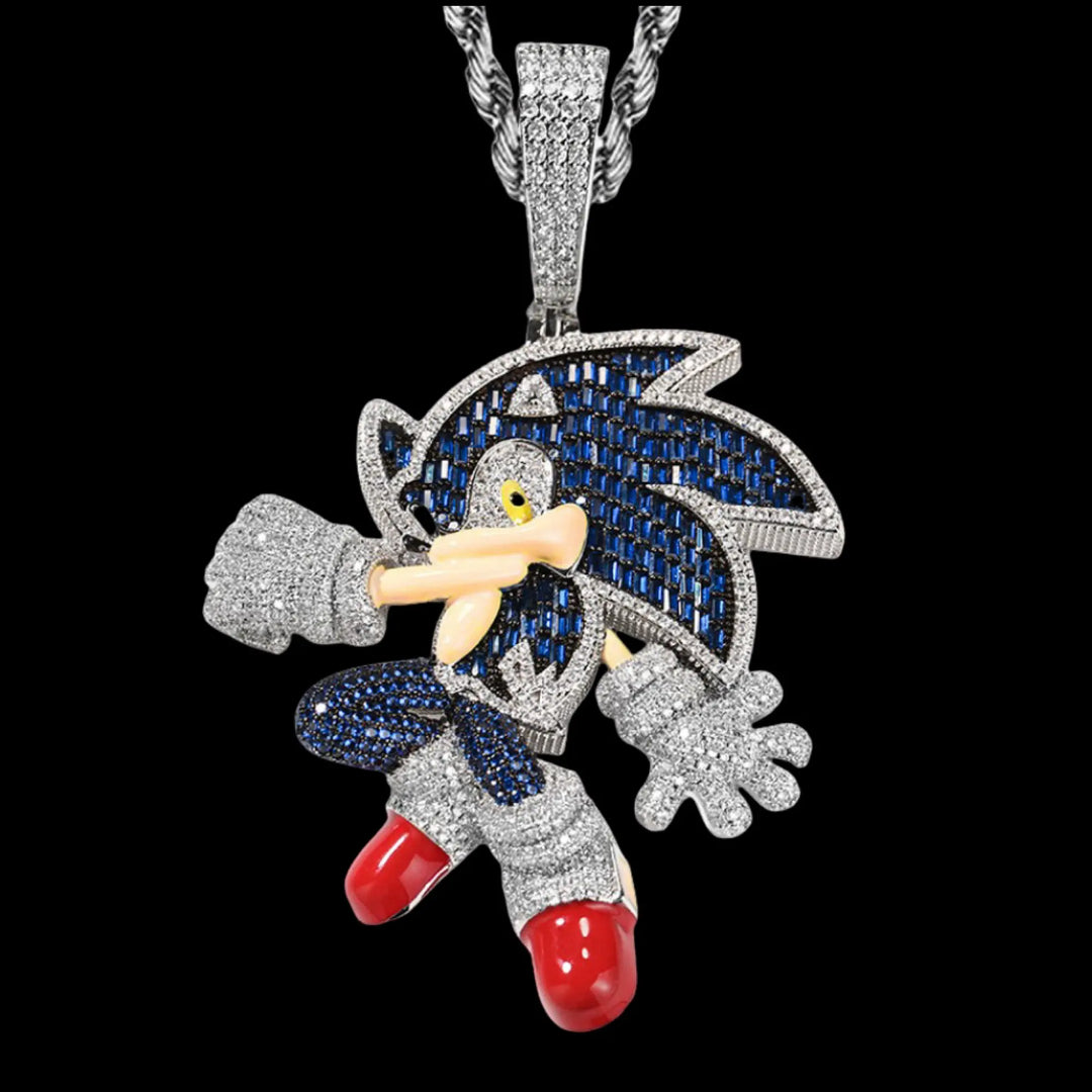 Iced Cartoon Sonic Pendant in White Gold - BigBagBling