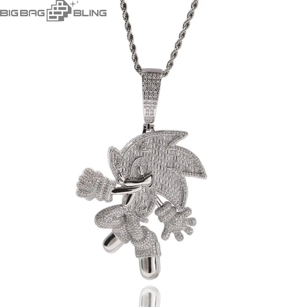 Iced Cartoon Sonic Pendant in White Gold - BigBagBling
