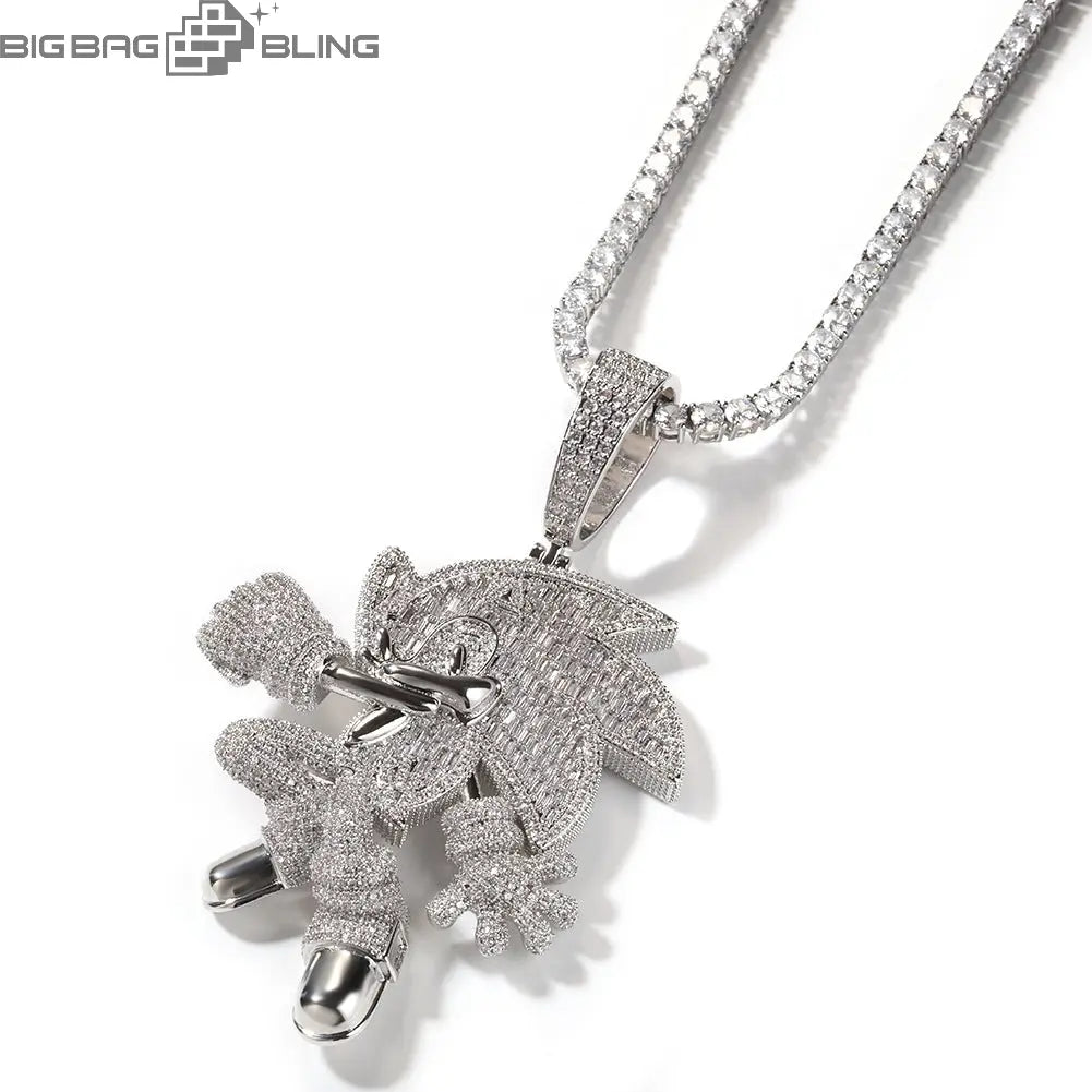 Iced Cartoon Sonic Pendant in White Gold - BigBagBling