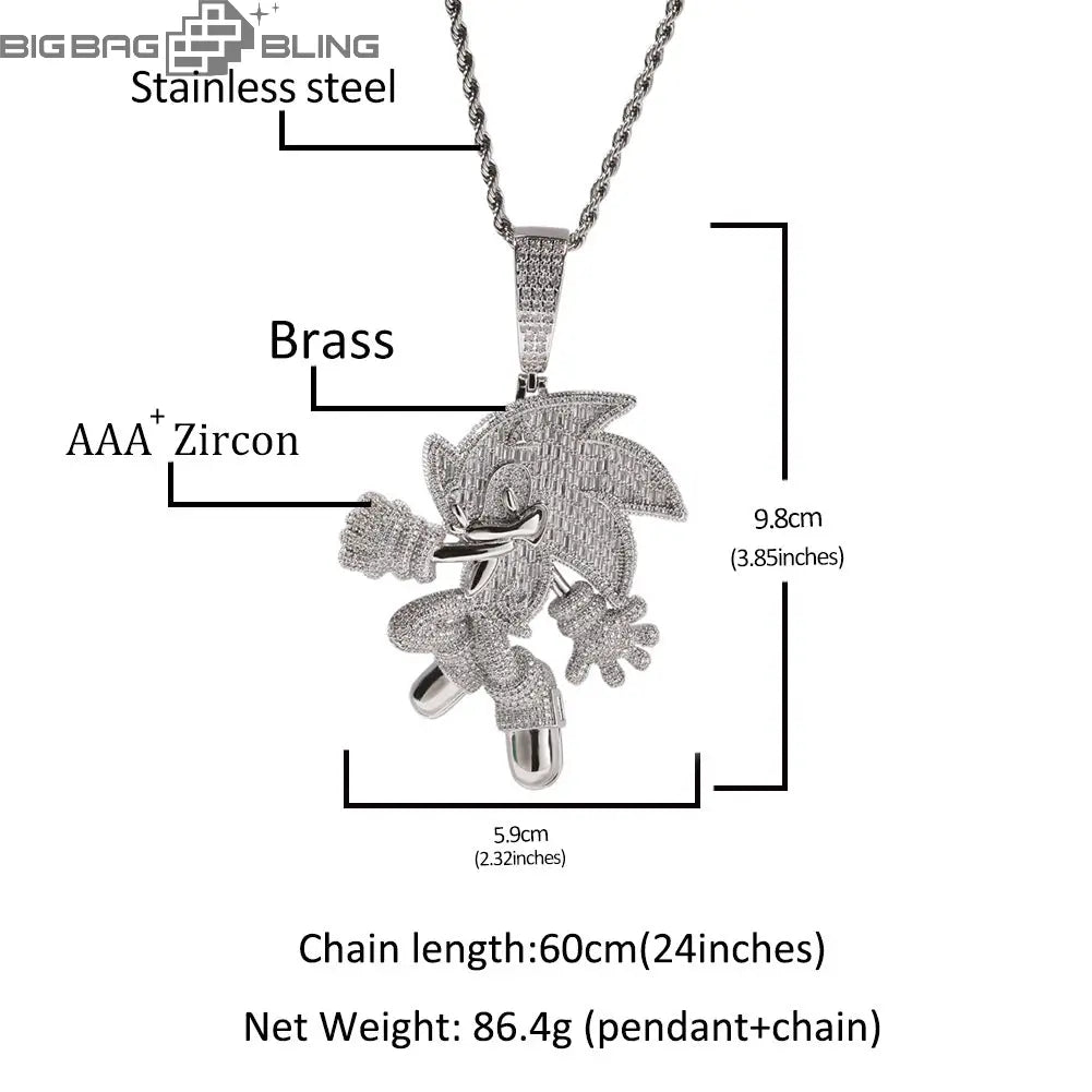 Iced Cartoon Sonic Pendant in White Gold - BigBagBling