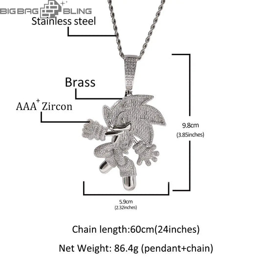Iced Cartoon Sonic Pendant in White Gold - BigBagBling