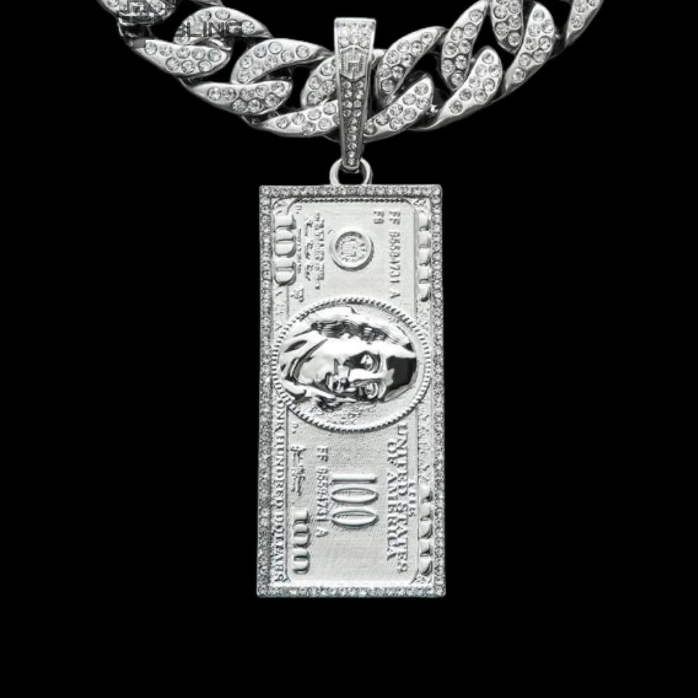 Iced Hundred Dollar Pendant with 13mm Cuban Chain Set in White Gold