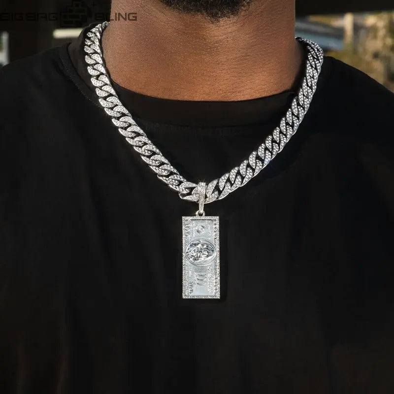 Iced Hundred Dollar Pendant with 13mm Cuban Chain Set in White Gold