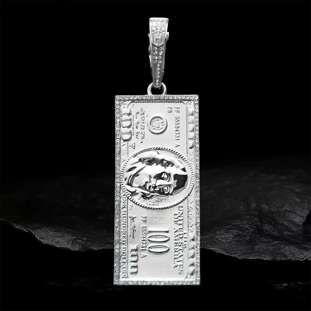 Iced Hundred Dollar Pendant with  Cuban Chain Set in White Gold BigBagBling
