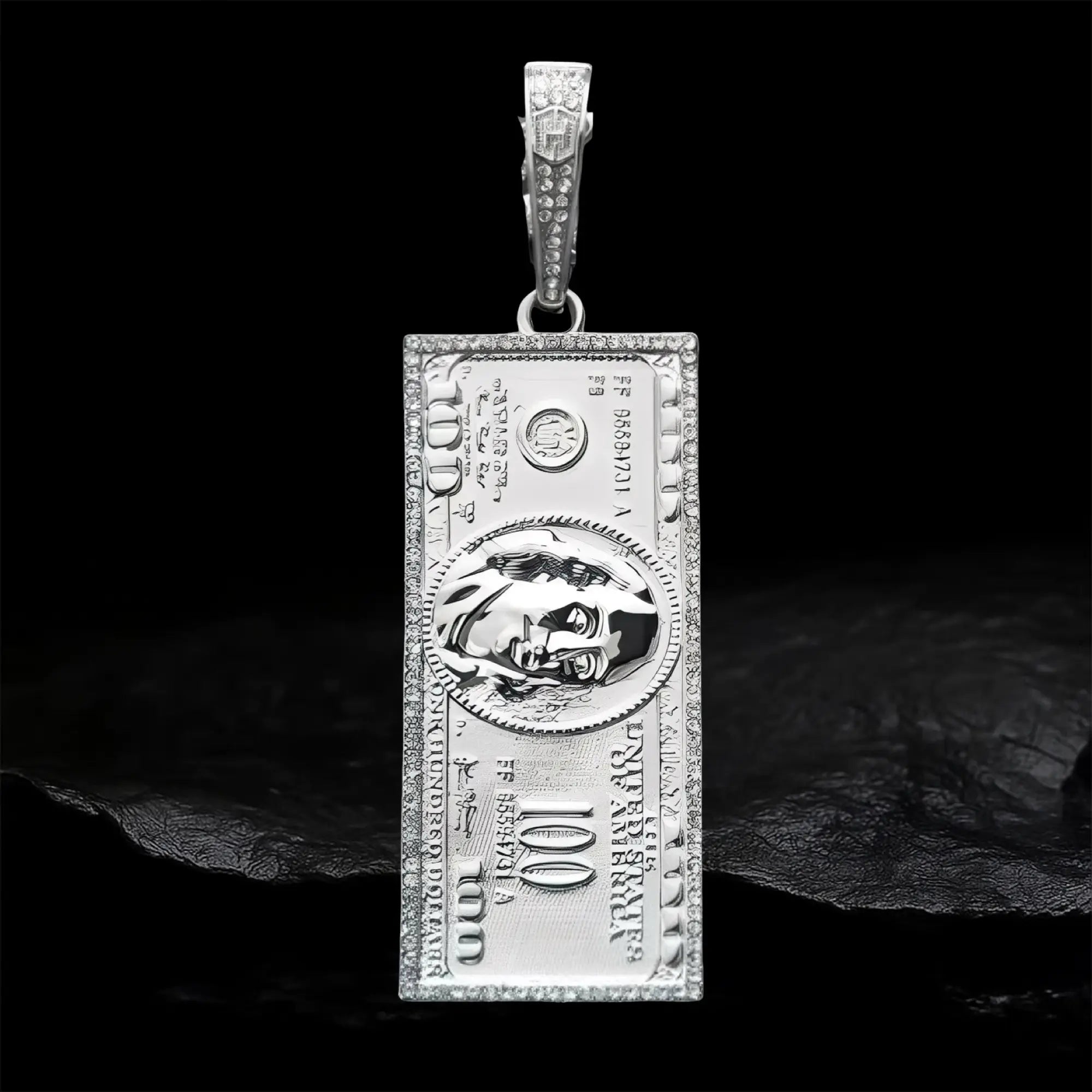 Iced Hundred Dollar Pendant with  Cuban Chain Set in White Gold BigBagBling