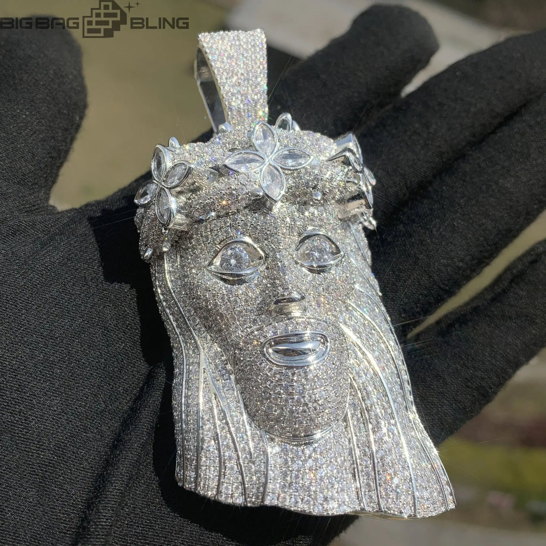Iced Jesus Pendant with Green Flower  Pendant BigBagBling