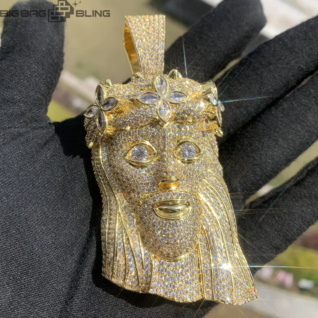 Iced Jesus Pendant with Green Flower  Pendant BigBagBling