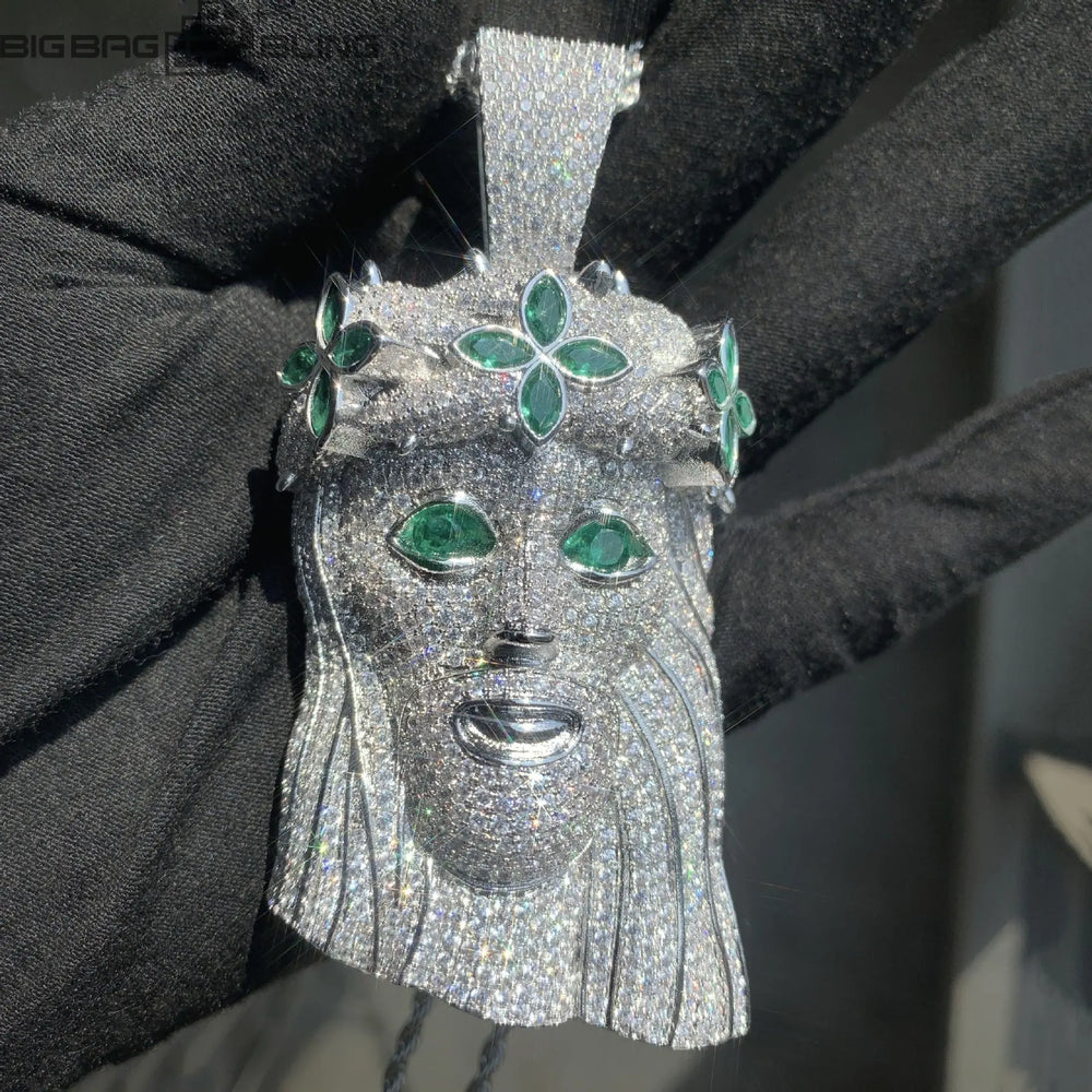 Iced Jesus Pendant with Green Flower  Pendant BigBagBling