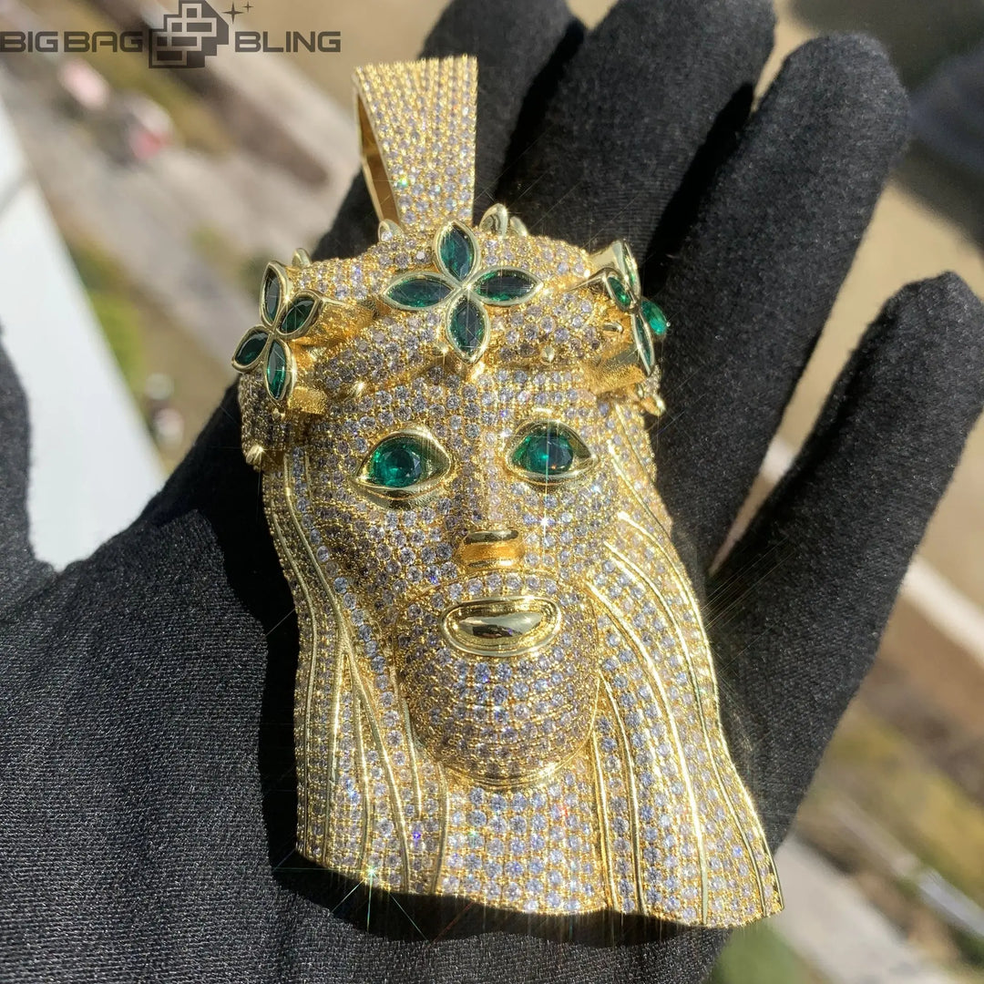 Iced Jesus Pendant with Green Flower  Pendant BigBagBling