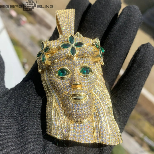 Iced Jesus Pendant with Green Flower  Pendant BigBagBling