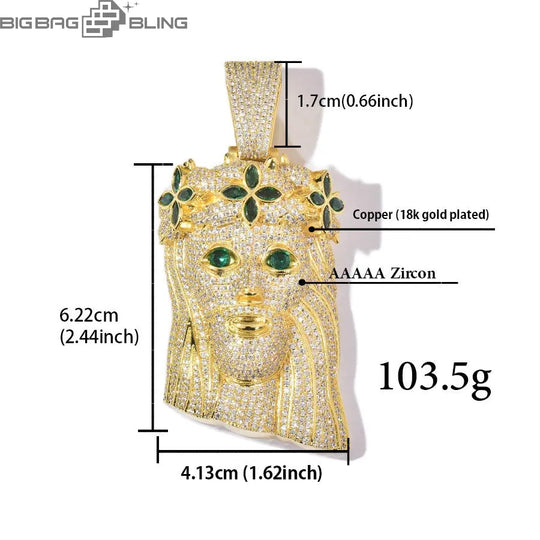 Iced Jesus Pendant with Green Flower  Pendant BigBagBling