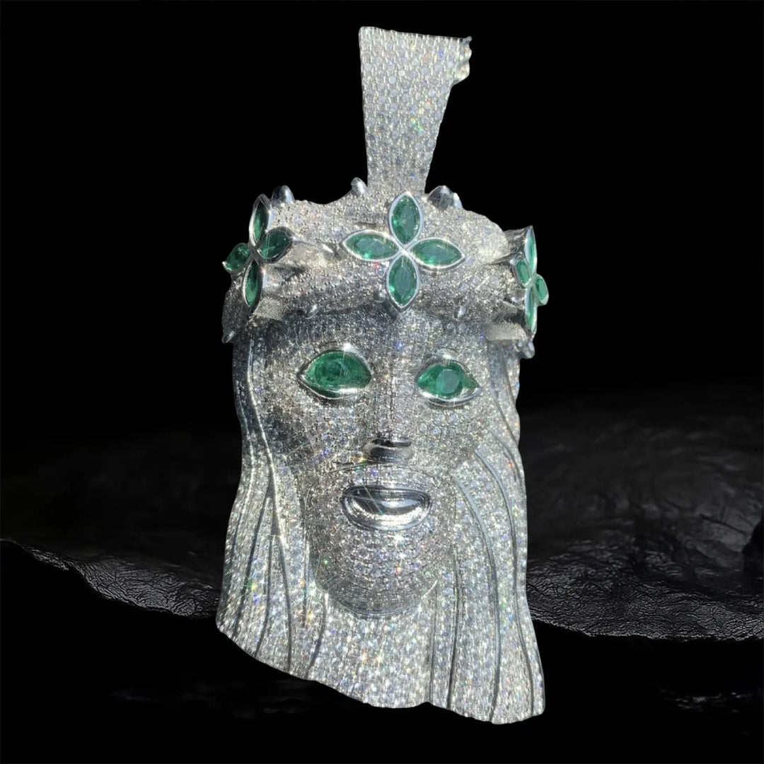 Iced Jesus Pendant with Green Flower  Pendant BigBagBling