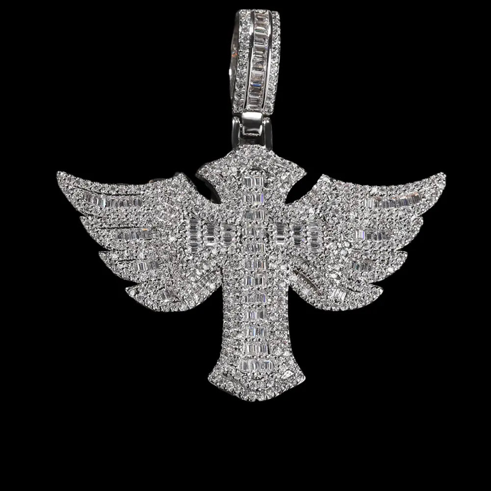 Iced Out Angel Wings Cross Pendant BigBagBling