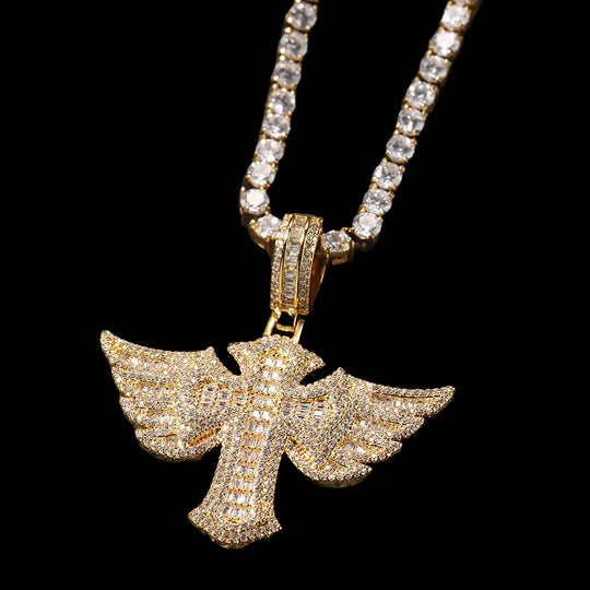 Iced Out Angel Wings Cross Pendant BigBagBling