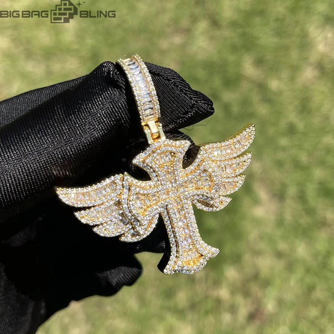 Iced Out Angel Wings Cross Pendant BigBagBling