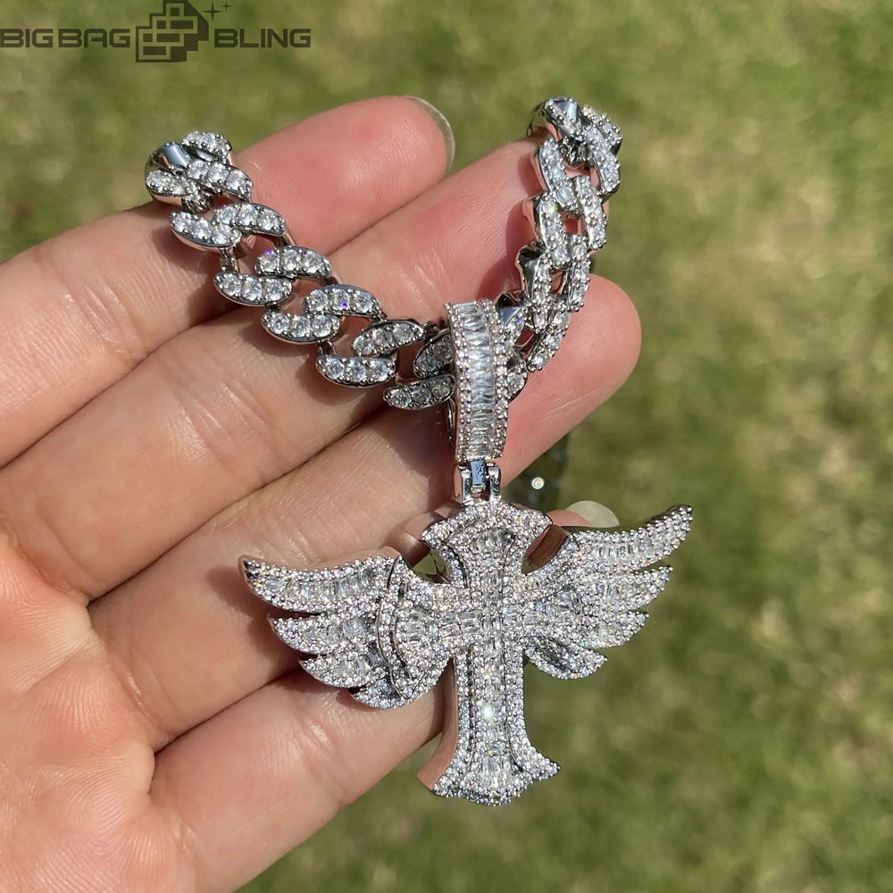 Iced Out Angel Wings Cross Pendant BigBagBling