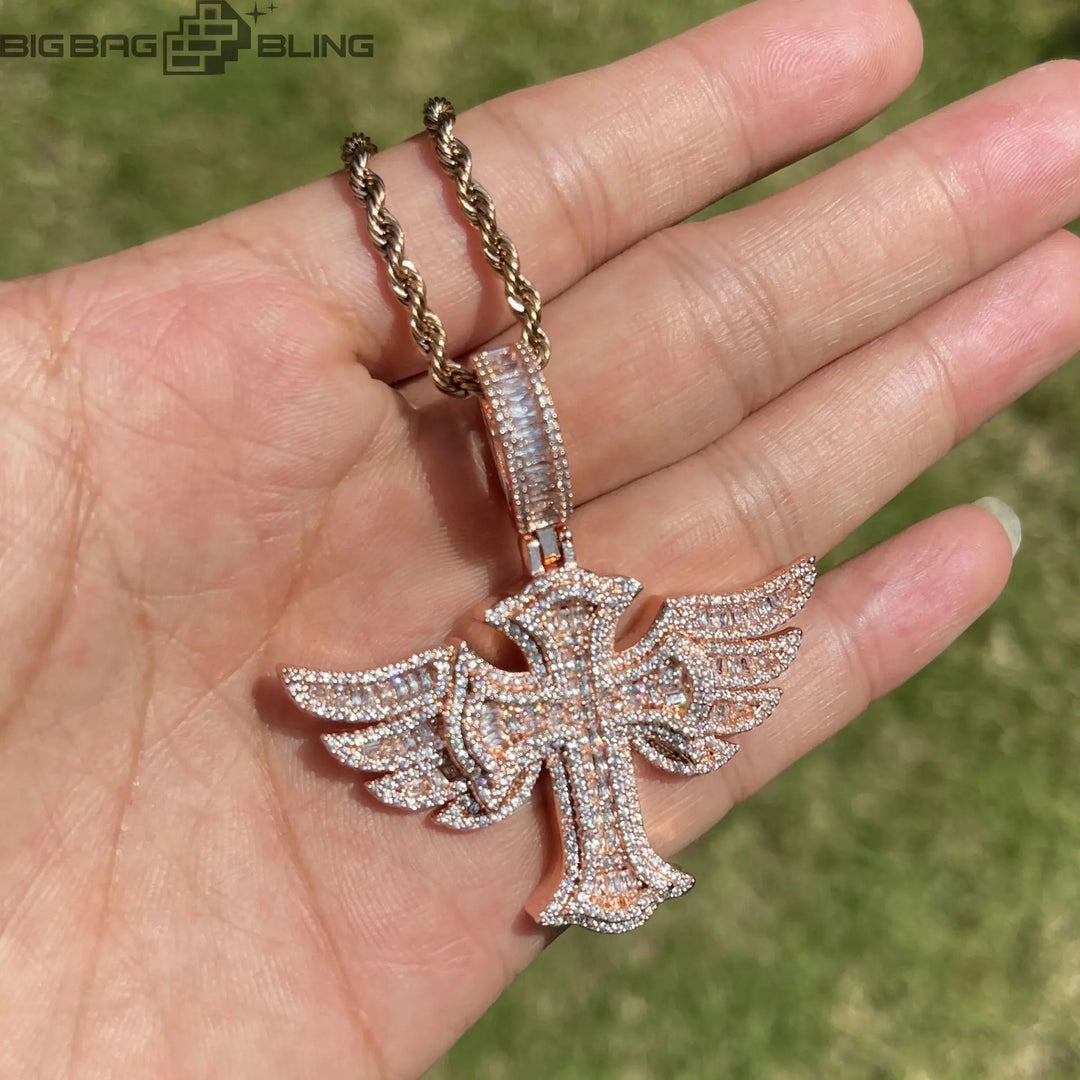 Iced Out Angel Wings Cross Pendant BigBagBling