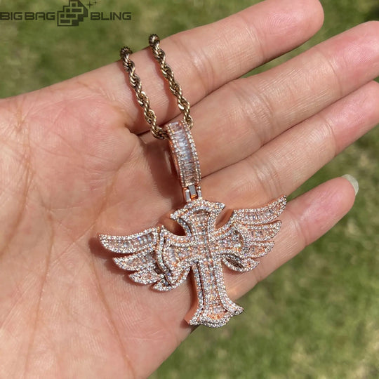 Iced Out Angel Wings Cross Pendant BigBagBling
