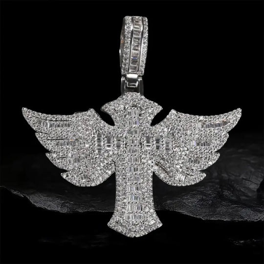 Iced Out Angel Wings Cross Pendant BigBagBling