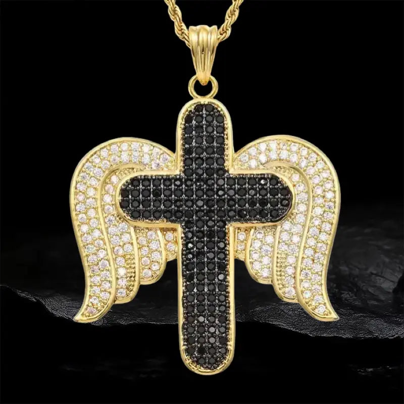 Iced Out Angle Wing Cross Pendant BigBagBling