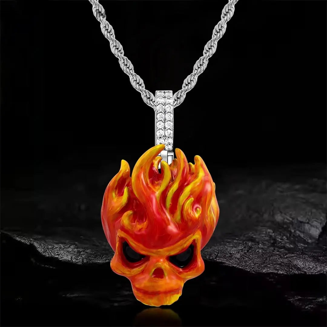 Iced Out Burning Skull Cloisonné Enamel Pendant BigBagBling