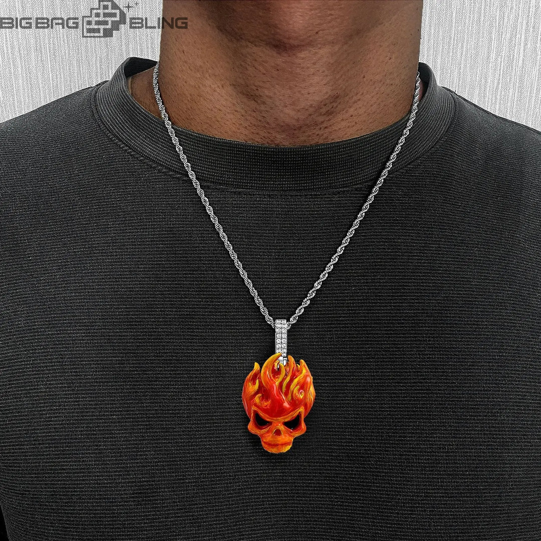 Iced Out Burning Skull Cloisonné Enamel Pendant BigBagBling