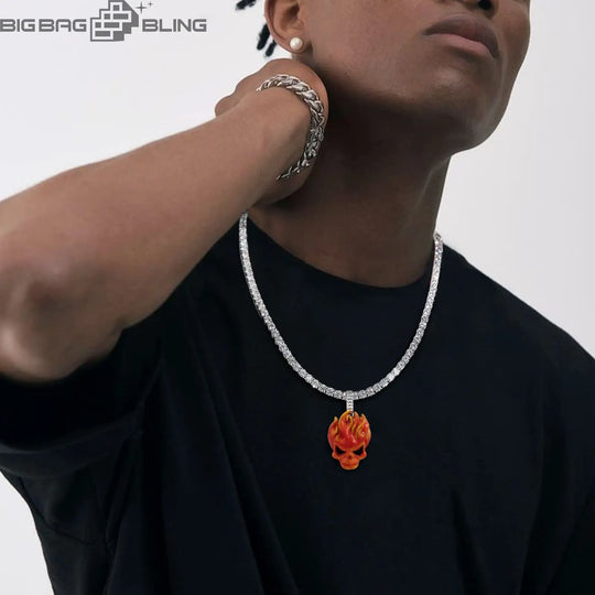 Iced Out Burning Skull Cloisonné Enamel Pendant BigBagBling
