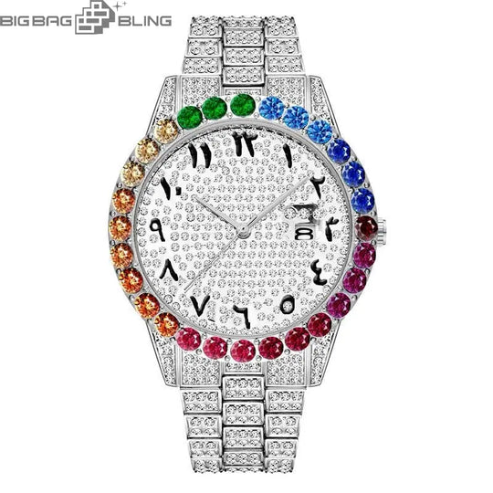 Iced Out Color Diamond Number Dial Round Quartz With Calendar Watch BigBagBling