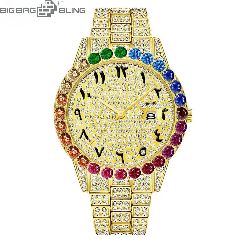 Iced Out Color Diamond Number Dial Round Quartz With Calendar Watch BigBagBling