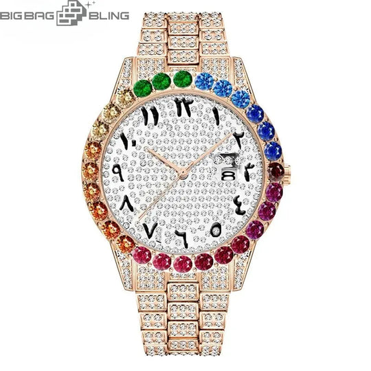 Iced Out Color Diamond Number Dial Round Quartz With Calendar Watch BigBagBling