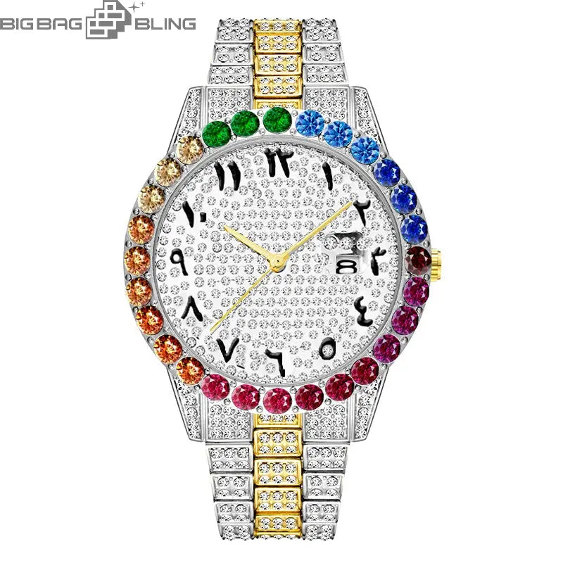 Iced Out Color Diamond Number Dial Round Quartz With Calendar Watch BigBagBling