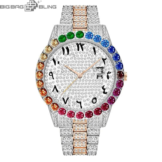 Iced Out Color Diamond Number Dial Round Quartz With Calendar Watch BigBagBling