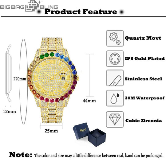 Iced Out Color Diamond Number Dial Round Quartz With Calendar Watch BigBagBling
