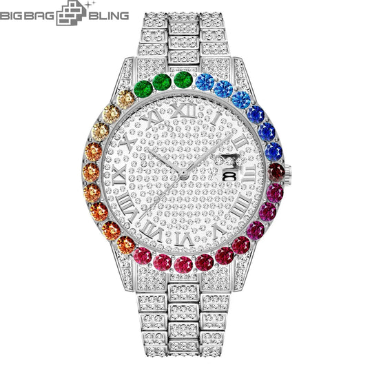 Iced Out Color Diamond Roman Dial Round Quartz Watch BigBagBling