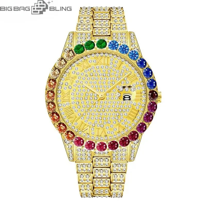 Iced Out Color Diamond Roman Dial Round Quartz Watch BigBagBling