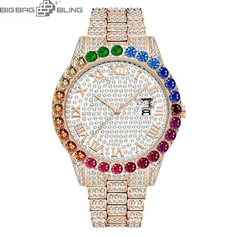 Iced Out Color Diamond Roman Dial Round Quartz Watch BigBagBling