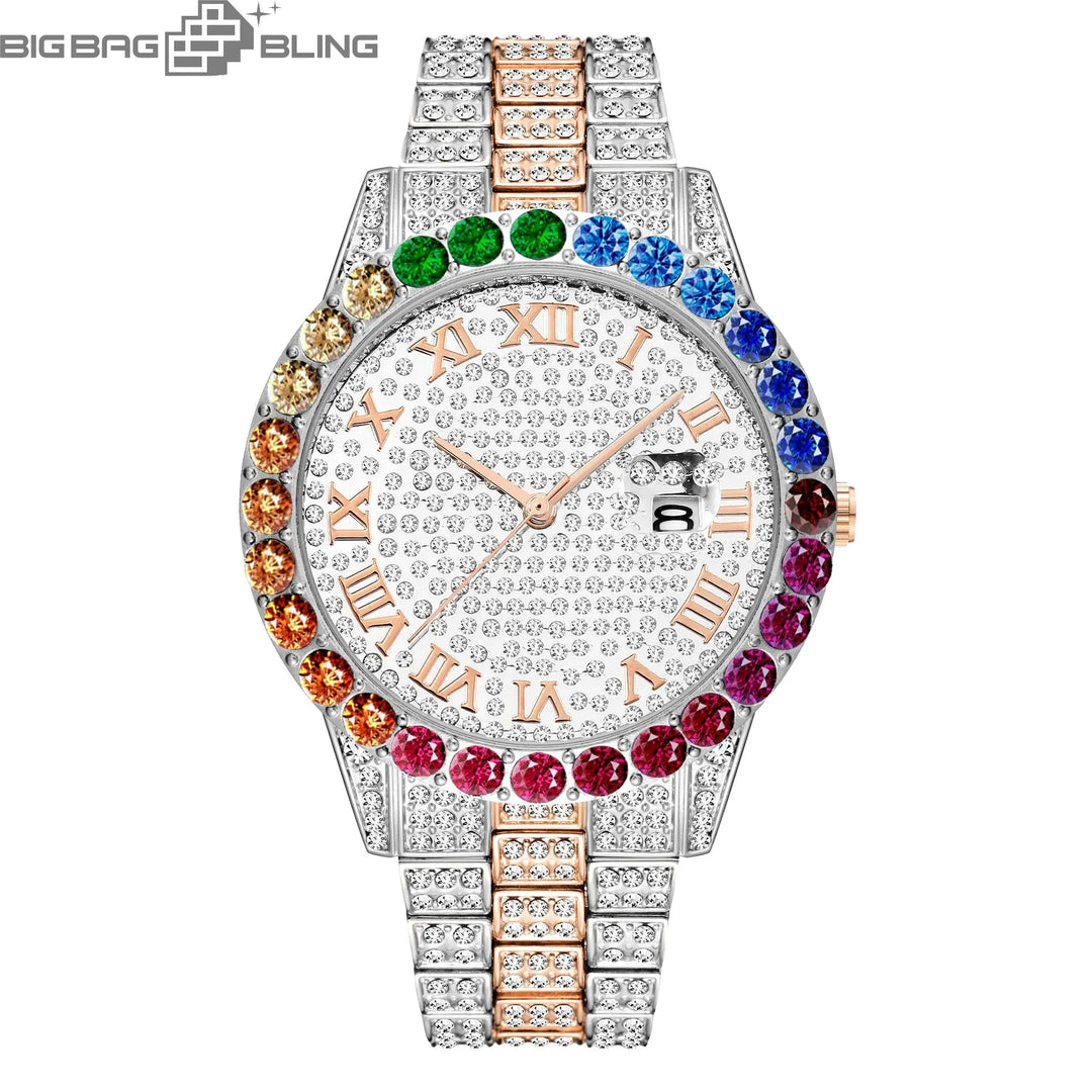 Iced Out Color Diamond Roman Dial Round Quartz Watch BigBagBling