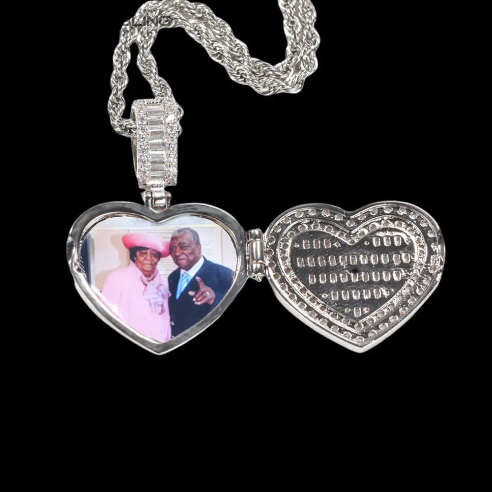 Iced Out Custom Flip cover heart Picture Pendant BigBagBling