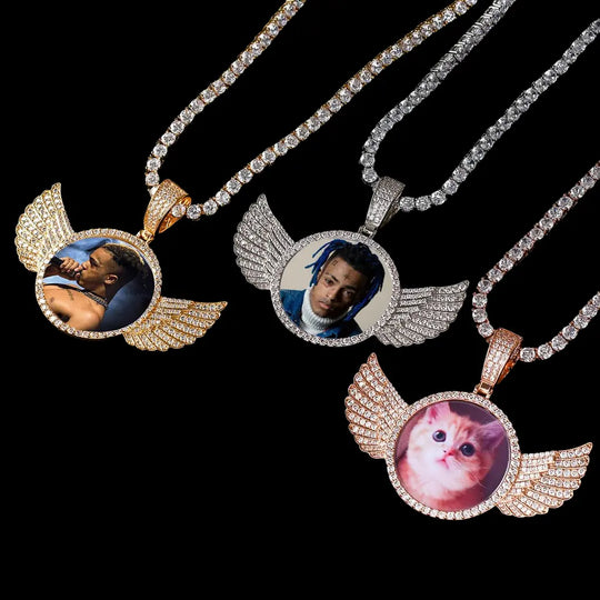 Iced Out Custom Round wings Picture Pendant BigBagBling