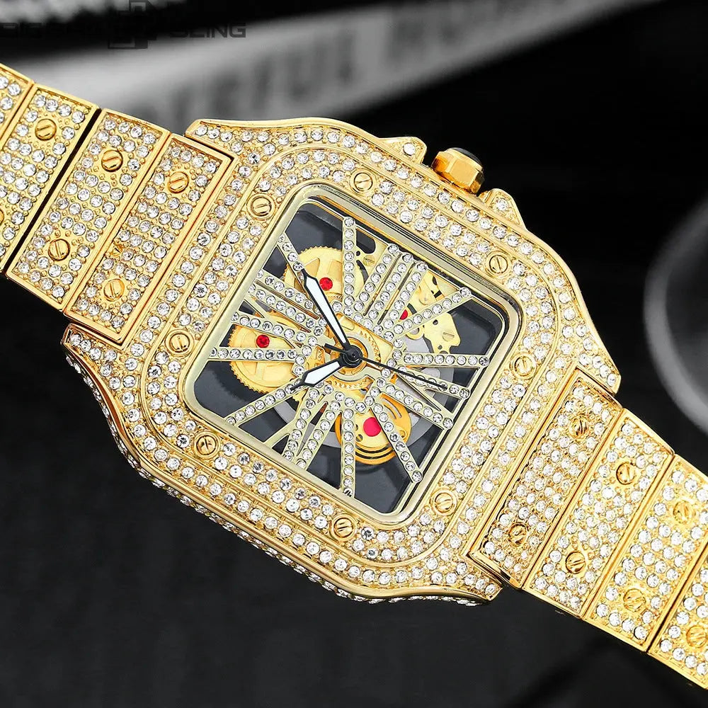 Iced Out Fashionable square skeletonized watch BigBagBling
