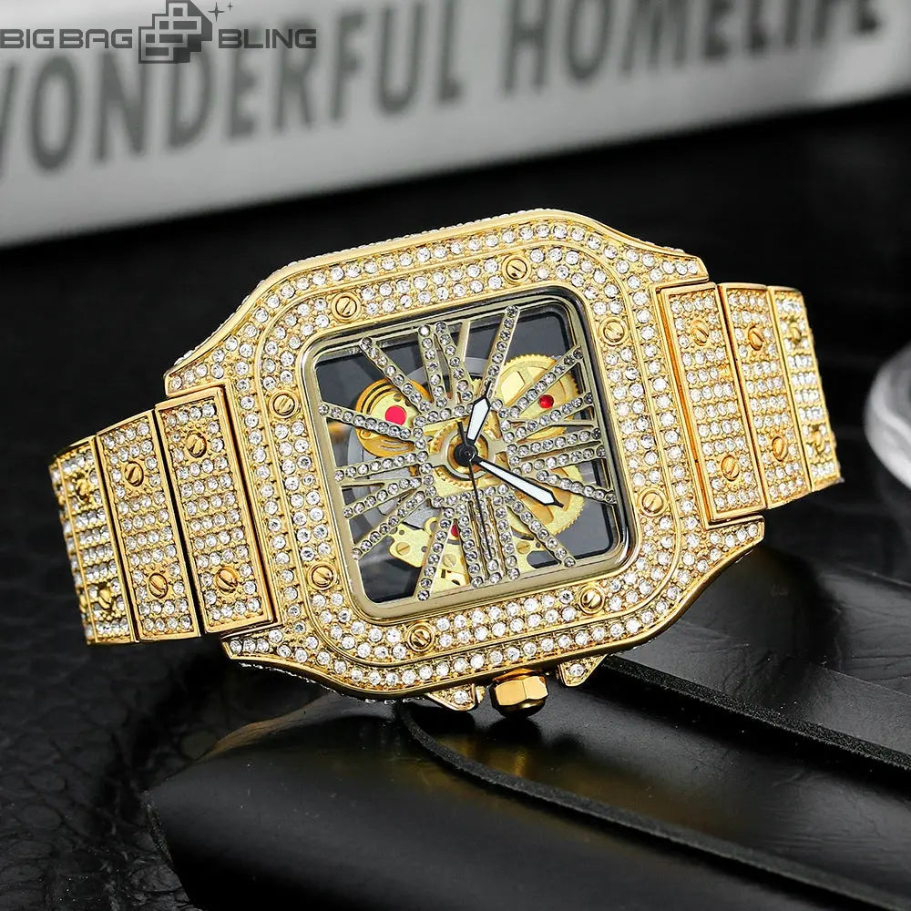 Iced Out Fashionable square skeletonized watch BigBagBling