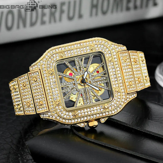 Iced Out Fashionable square skeletonized watch BigBagBling